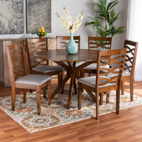Baxton Studio Mila-GreyWalnut-7PC Dining Set Baxton Studio Mila Modern and Contemporary Grey Fabric Upholstered and Walnut Brown Finished Wood
